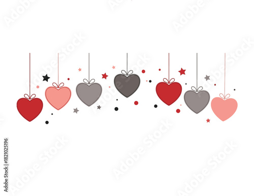 Charming heart ornaments dangling with festive stars and confetti on a white background