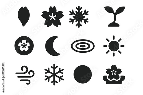 Seasonal Tea Ceremony Icons. Solid style icons of Seasonal themes in tea ceremony: cherry blossom petal, autumn maple leaf, winter