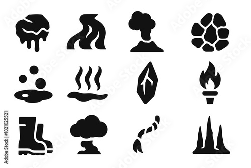 Lava Cavern Icons. Solid style icons of Lava Cavern: molten rock, lava flow, smoke vent, scorched stones, magma bubbles, heat