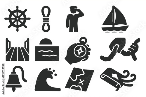 Seafaring Life Icons. Solid style icons of Seafaring Life: sailor’s wheel, rope loop, lookout pose, rigged sail, deck view, calm