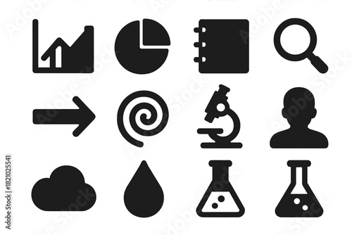 Data Collection Icons. Solid style icons of data collection and visualization: graph, chart, notebook, magnifying glass, arrow,