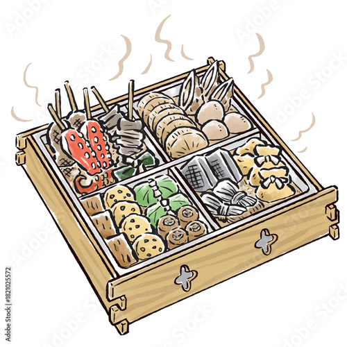 角型おでん鍋で煮込むおでん　筆タッチ手描きイラスト