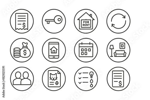 Rental Lease Icon Set. Line style round icons of rental and leasing: rent receipt, tenant key, rental ad, lease renewal; deposit