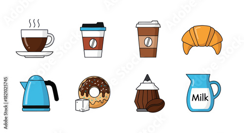 Coffee and pastries icons vector illustration of breakfast items