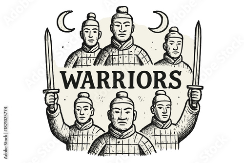 Group of men are holding swords and the word Warriors is written in the center
