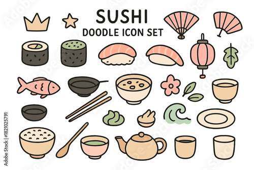 Set of sushi doodle icons, including bowls, chopsticks, and fish