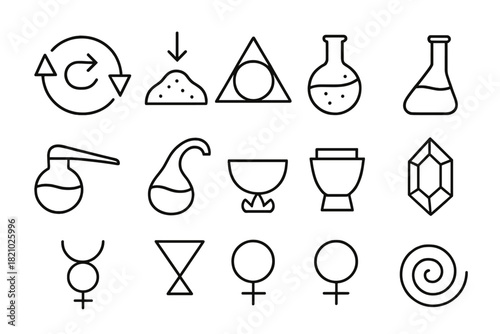 Alchemy Icon Collection. Line style icons of Occult Alchemy: Transmutation, Prima Materia, Alchemical Symbol, Flask; Alembic,