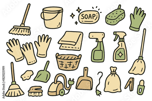 Cartoon drawing of various cleaning supplies, including a broom, mop, bucket