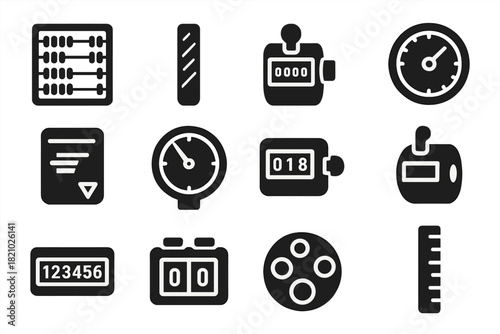 Counting Device Icons. Solid style icons of Counting Devices: Bead Abacus, Tally Stick, Mechanical Counter, Number Wheel, Slide