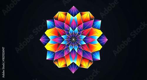 Vibrant geometric mandala design with colorful kaleidoscopic pattern on