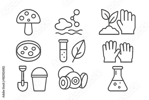 Fungal Cleanup Icons. Line style icons of Fungal Cleanup: Fungi, Oil Spill, Toxin Absorption, Land Restoration; Petri Dish, Test