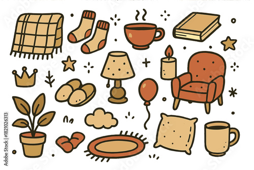 Collection of items that are related to a cozy and comfortable atmosphere