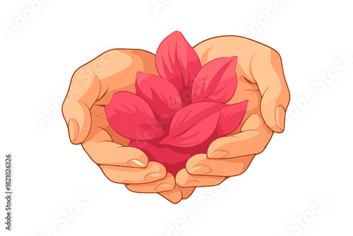Gentle Pink Petals. Woman’s hands gently holding bright pink flower petals, soft natural lighting, serene and warm, vector