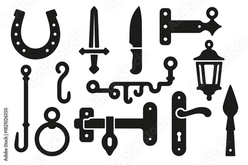 Traditional Forged Icons. Solid style icons of Traditional forged items: horseshoe, sword, knife blade, gate hinge, fireplace