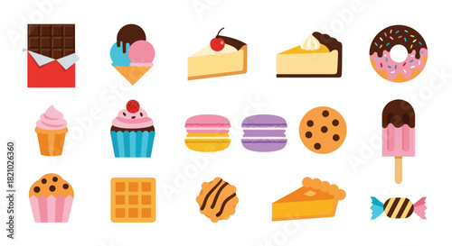 Collection of assorted desserts and sweets in vibrant flat design