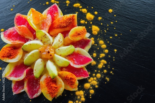 Imaginative presentation of Indian breakfast as Rangoli design featuring paratha, chaat, yogurt, and spices