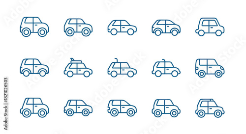 Collection of blue car icons various car styles in a row