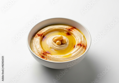 A plate of creamy hummus on a clean white background