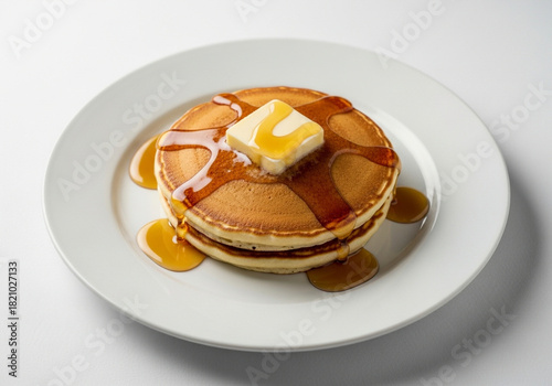 Two stacked pancakes with syrup on a clean white background