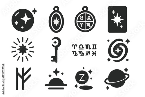 Astrological Magic Icons. Solid style icons of Astrological Magic: star orb, charm talisman, zodiac amulet, cosmic card, ritual
