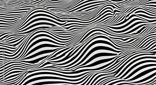 Abstract black and white wavy line pattern creating a dynamic three dimensional surface illusion