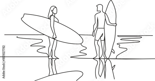 Elegant continuous line drawing of two surfers at sunset light vector.