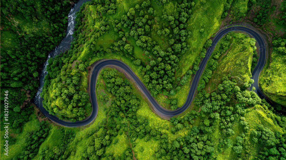 Fototapeta premium bird's eye view winding road in green valley