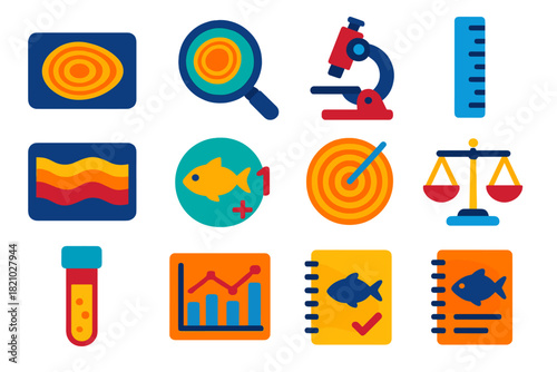 Fish Otolith Icons. Flat vector icons of fish otolith analysis: otolith slice, growth rings, magnifying glass, microscope,