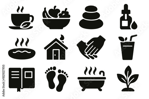 Wellness Activity Icons. Solid style icons of Wellness Activities: herbal tea, fruit bowl, spa stone, essential oil, hot spring,