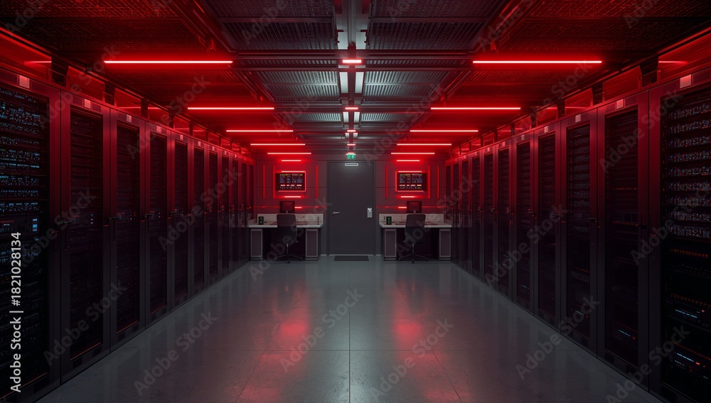 Fototapeta premium Glowing server racks flanking aisle in data center leading toward locked door, with red LEDs