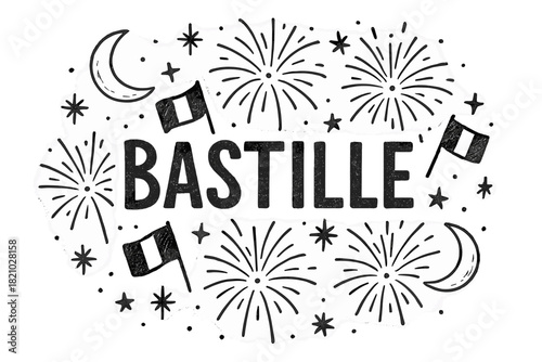 Black and white drawing of fireworks