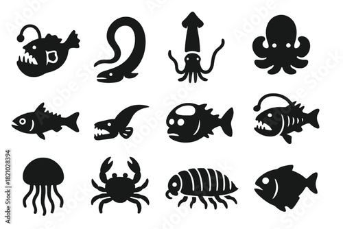 Deep Sea Icons. Solid style icons of Deep Sea Creatures: anglerfish, gulper eel, giant squid, dumbo octopus, lanternfish,