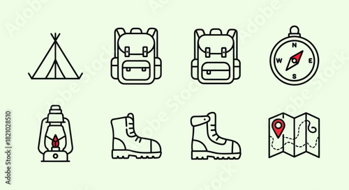 Camping and hiking equipment icons vector illustration with essential gear