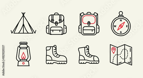 Camping and hiking equipment icons tent backpack compass map boots