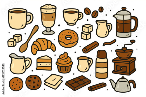 Drawing of various food items and kitchen appliances