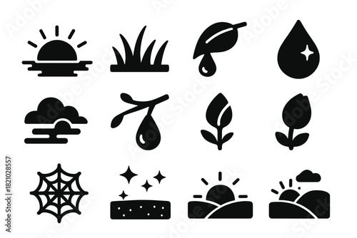 Morning Dew Icons. Solid style icons of Morning Dew: sunrise horizon, grassy meadow, dew on leaf, shining drop, soft mist, tree