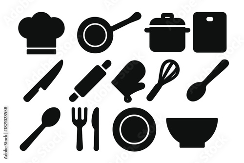 Cooking Tools Icons. Solid style icons of Food and cooking: chef hat, frying pan, pot, cutting board, knife, rolling pin, oven