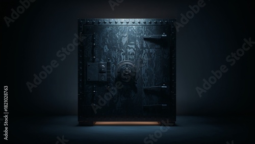 Dominating dim vault, heavy door showing central wheel and bolts, riveted frame, warm glow