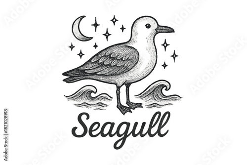 Seagull is standing on a wave in the ocean