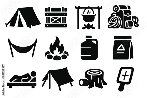Expedition Camp Icons. Solid style icons of Expedition Camp: jungle tent, supply crate, cooking pot, gear pile, hammock, fire ring