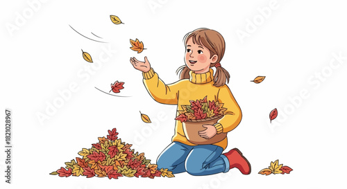 Young girl playing with autumn leaves in a park.