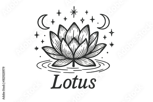 Black and white drawing of a lotus flower with stars in the background