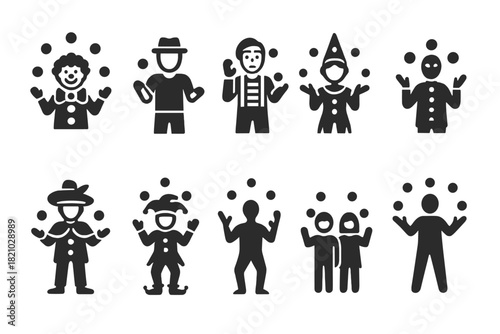 Juggling Icons Collection. Solid style icons of Juggler Characters: clown juggling, street performer, mime juggling, circus artist