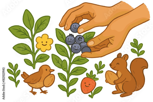 Ethical Forest Harvest. Ethical harvesting forest with hands gently picking berries, plants smiling, and animals carrying extra