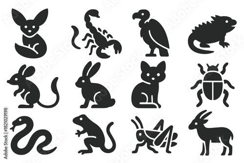 Desert Wildlife Icons. Solid style icons of Desert wildlife: fennec fox, scorpion, vulture, horned lizard, jerboa, desert hare,