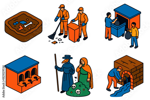 History of Waste Management. Isometric vector illustration set History of waste management: ancient waste pits, street cleaning
