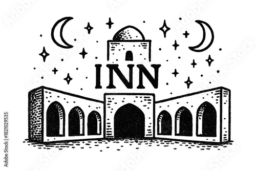 Caravanserai Sketch Design. Hand-drawn caravanserai with moons, arches, and sparkles, center word “Inn” in black and white