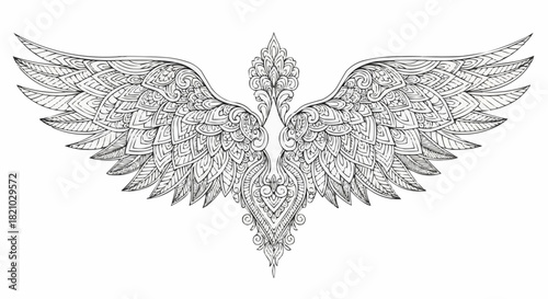 Detailed Winged Ornamentation - A Black and White Artistic Illustration.