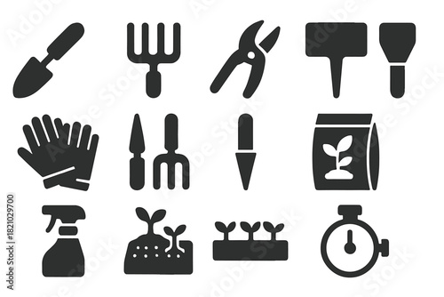 Gardening Tools Icons. Solid style icons of Gardening tools for greenhouse care: trowel, hand fork, pruner, plant marker, soil