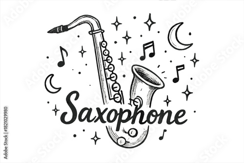 Saxophone is drawn with stars and music notes